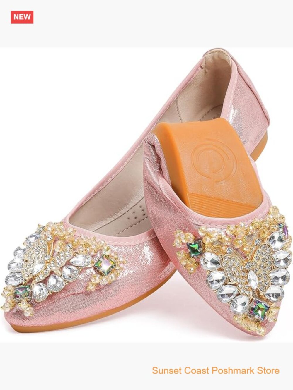 Rhinestone Bow Ballet Flats Pointed Toe Slip On Wedding Shoes Comfort Foldable